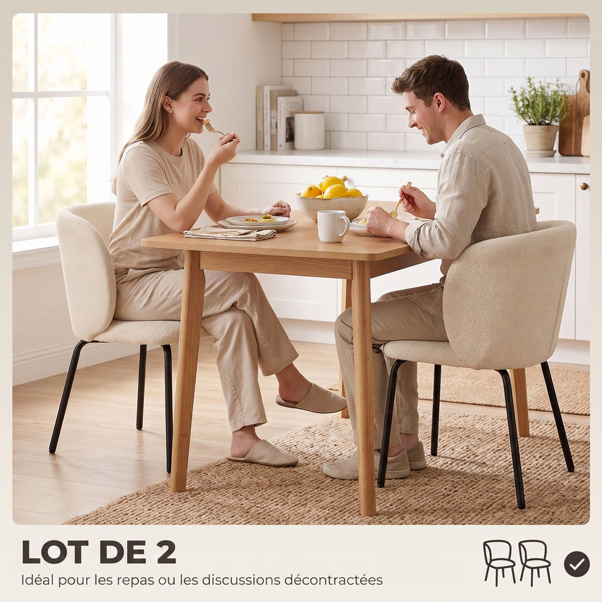 Lot de 2 Chaises Salle à Manger Rembourrées en Chenille, Dossier Incurvé, Pieds Métal, Style Moderne, 57x58x77cm, Beige-3