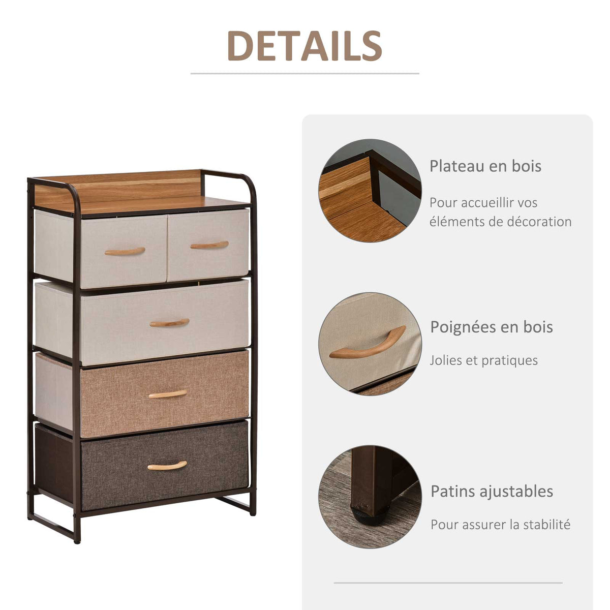 Commode Meuble de Rangement 5 tiroirs Pliables en Tissu 58 x 29 x 99 cm Multicolore-5