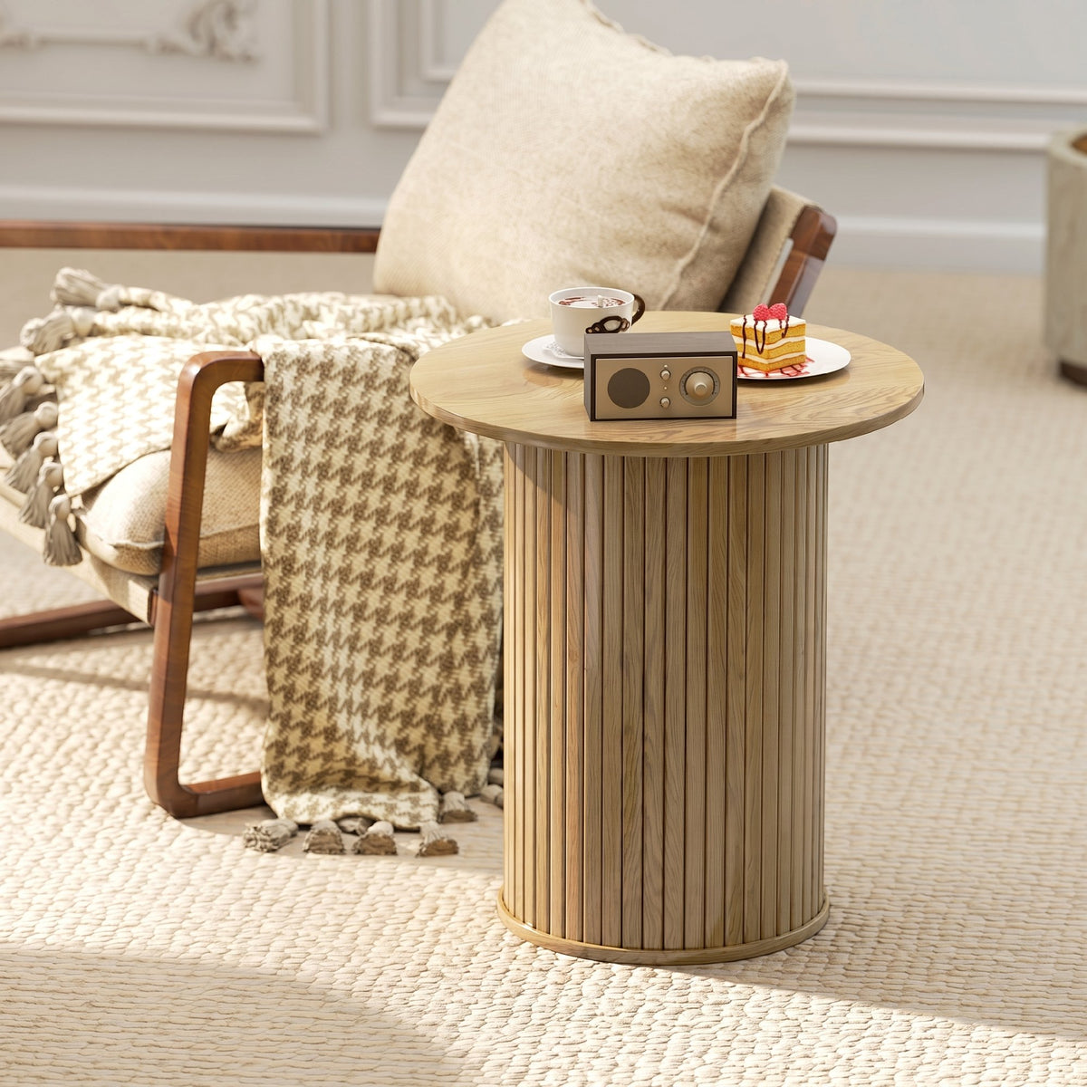 Table d'appoint ronde Ø 48 cm, table basse avec pieds cannelés pour salon, chambre ou petit espace, chêne-6