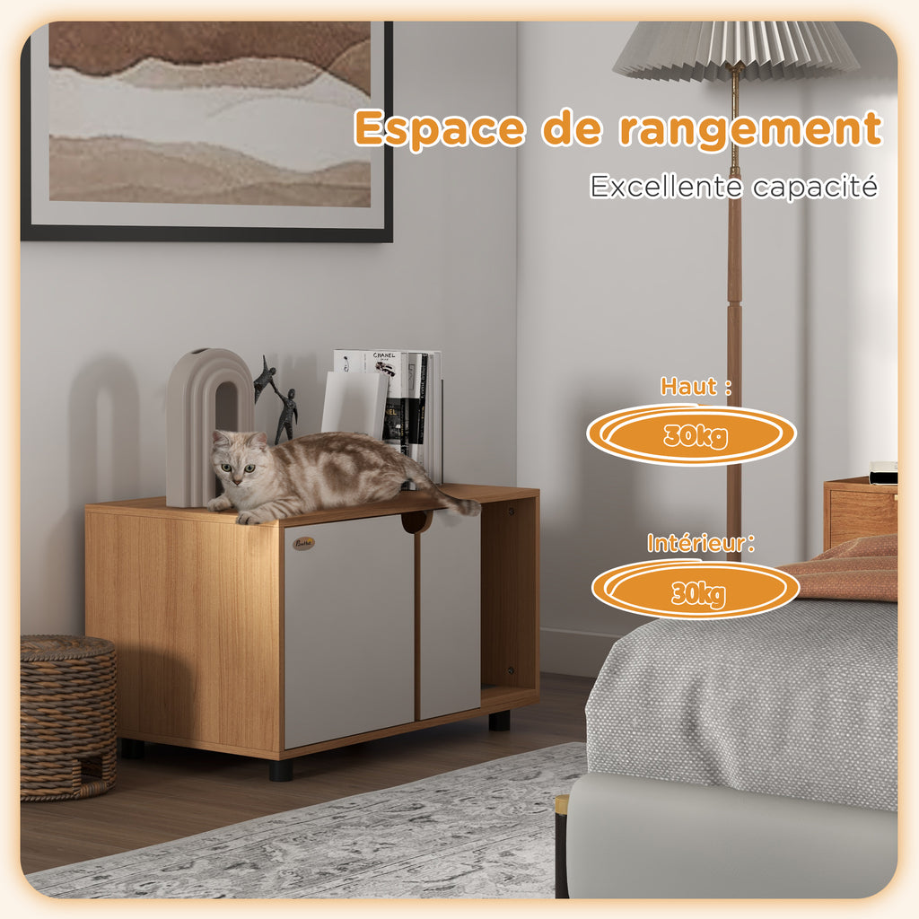 Meuble à litière maison de toilette sur pieds pour chat 2 en 1 portes style scandinave 80 x 48 x 48 cm naturel et blanc-4