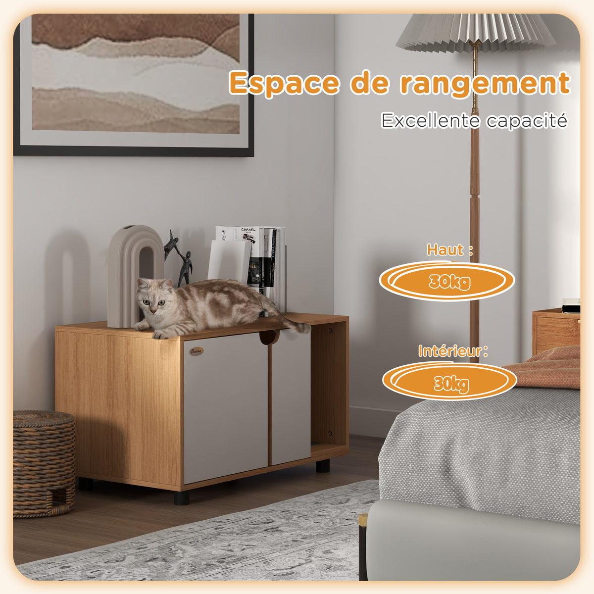 Meuble à litière maison de toilette sur pieds pour chat 2 en 1 portes style scandinave 80 x 48 x 48 cm naturel et blanc-4