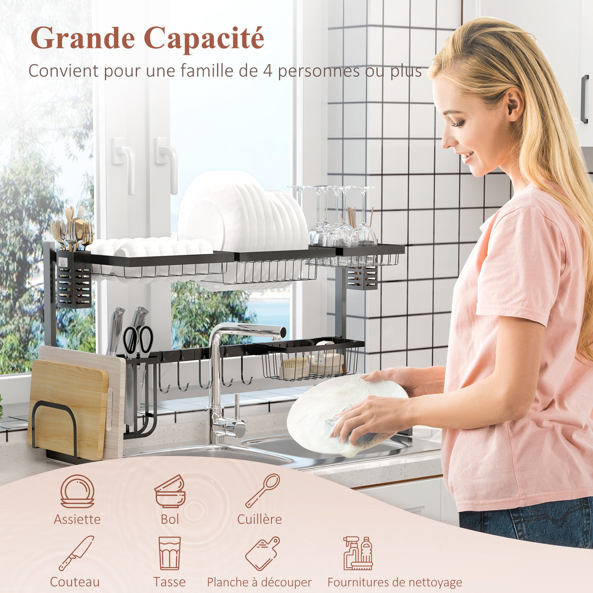 Égouttoir à vaiselle 2 niveaux porte-couteau support pour planche à découper 93 x 30 x 52,5 cm acier noir-3