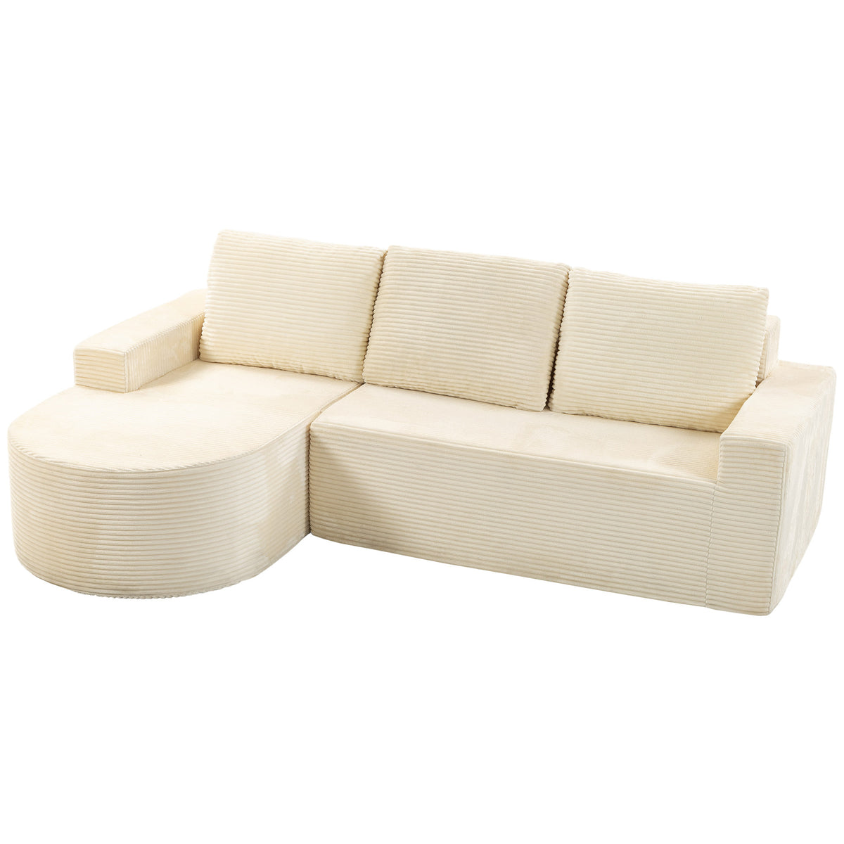 Canapé d'Angle 3 Places en Velours Côtelé, Canapé Compressé en L 235cm, Méridienne Incurvée, Assise Profonde, Beige-0