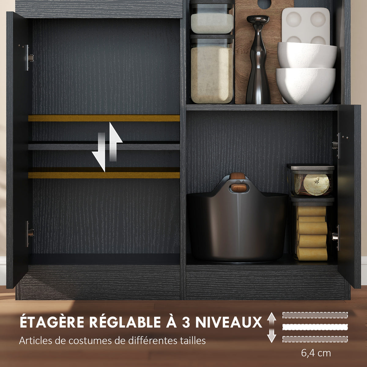 Buffet Haut Cuisine, Armoire de Cuisine avec 4 Portes à Fermeture Douce, Tiroir et Étagères Réglables, Noir-4