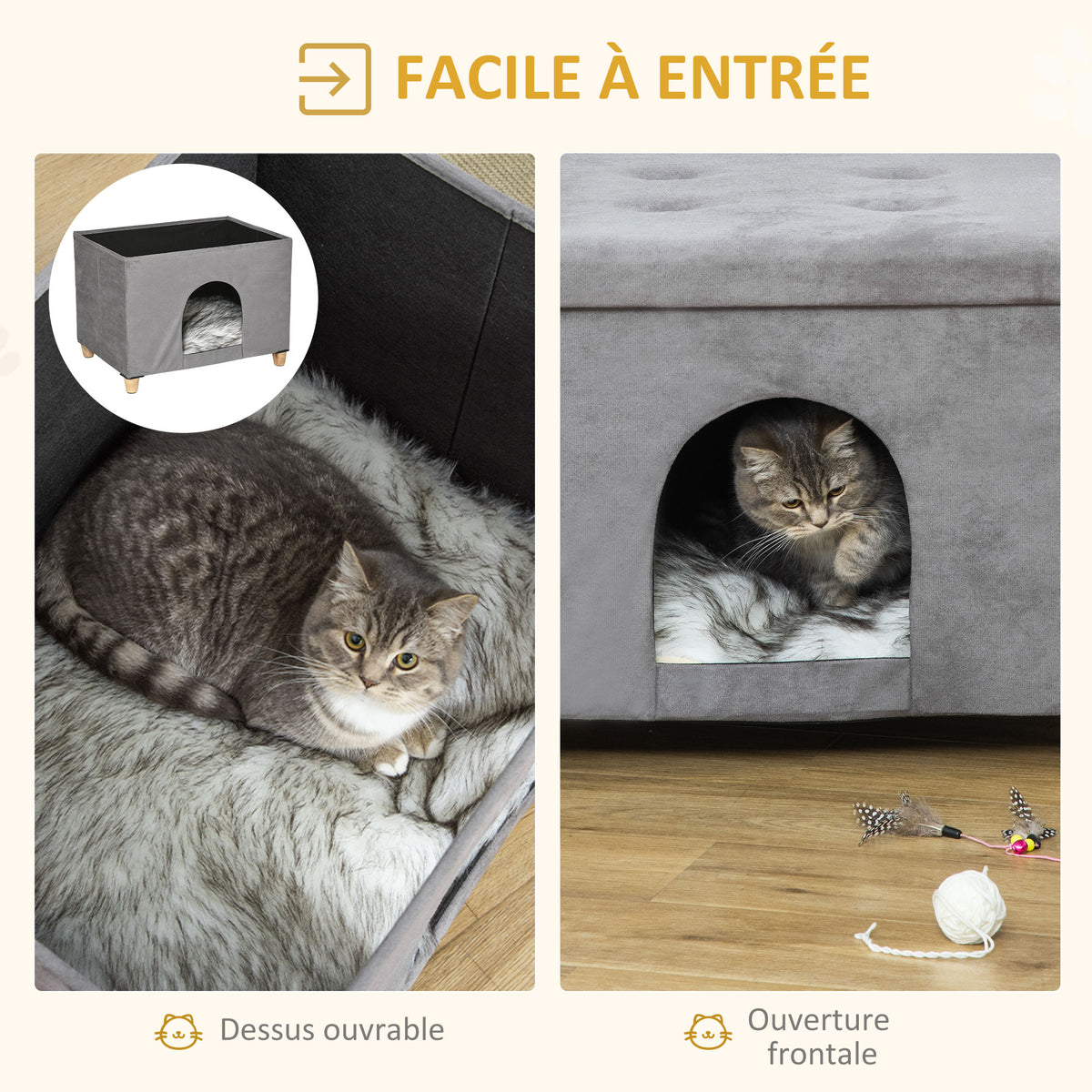 Niche chat maison de chat design surélevé avec coussin amoviable et lavable en peluche doux repose-pieds, dessus ouvrable, gris-4