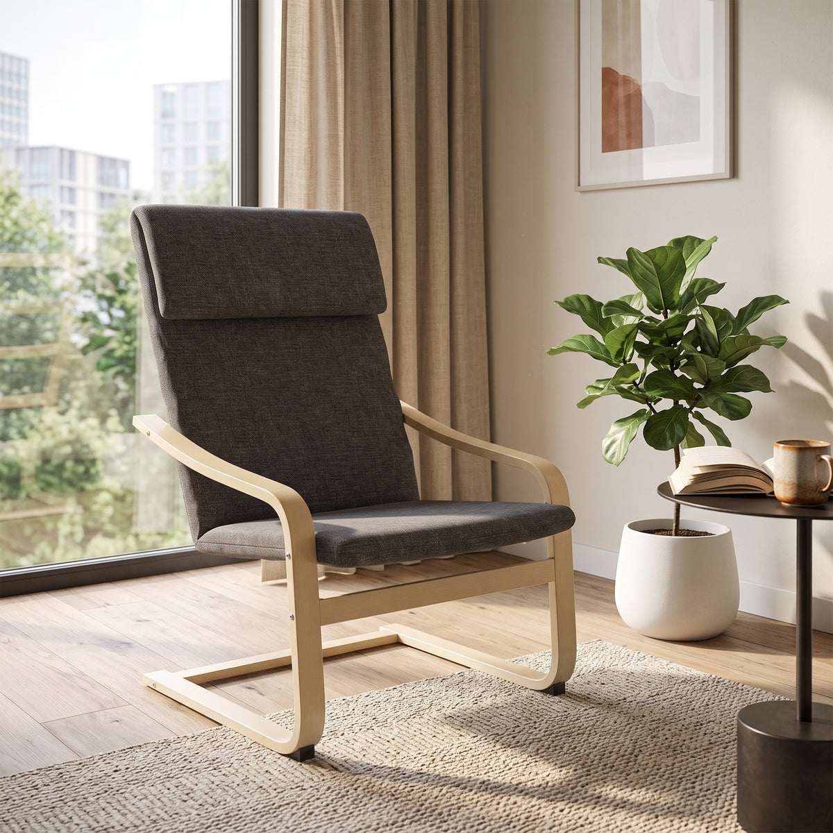 Fauteuil de salon, fauteuil chambre avec accoudoirs incurvés, coussin, tissu aspect lin, 65 x 79 x 98 cm, gris-7