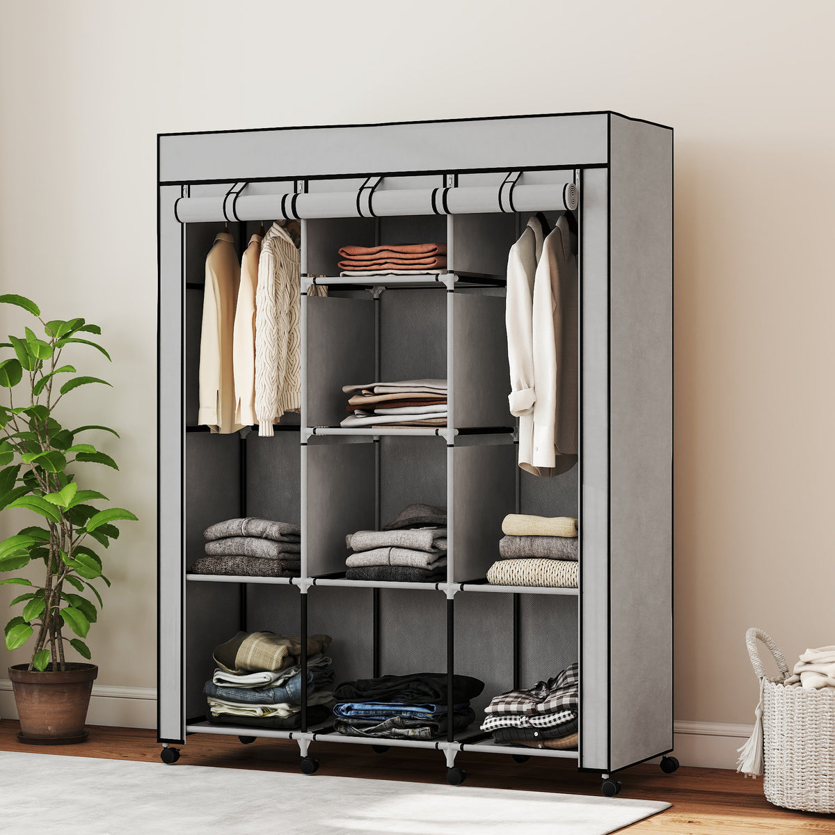 Armoire penderie multi-rangement - 8 étagères, 2 barres - non tissé gris-9