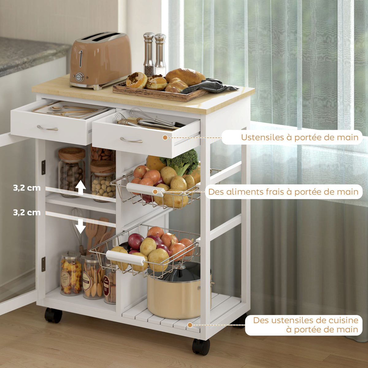 Desserte de cuisine à roulettes, îlot central cuisine avec plateau en bambou, porte vitrée, 67 x 35 x 80 cm, blanc-4