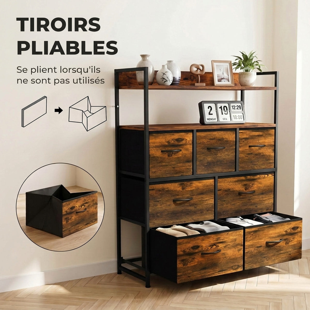 Meuble de rangement commode 7 tiroirs en tissu pliables et amovibles étagères ouvertes, brun rustique-5