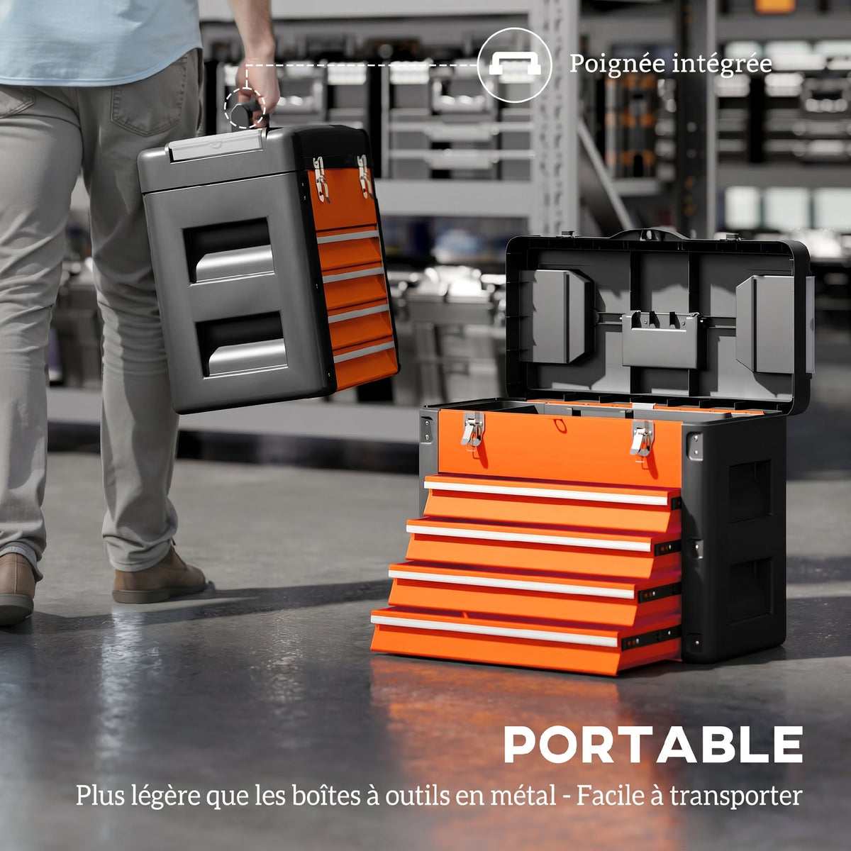Boîte à Outils à 4 Tiroirs, Caisse à Outils en Acier Thermolaqué avec Plateau Amovible, 49,7x25,3x40,7cm, Orange-6