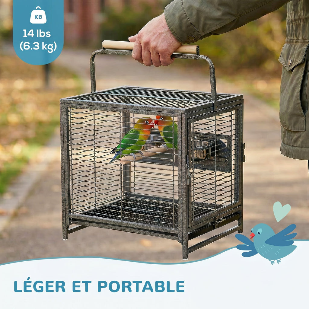 Cage de transport en acier pour perroquets, cage à oiseaux avec 2 bols en acier inoxydable, 2 perchoirs, plateau, noir-7