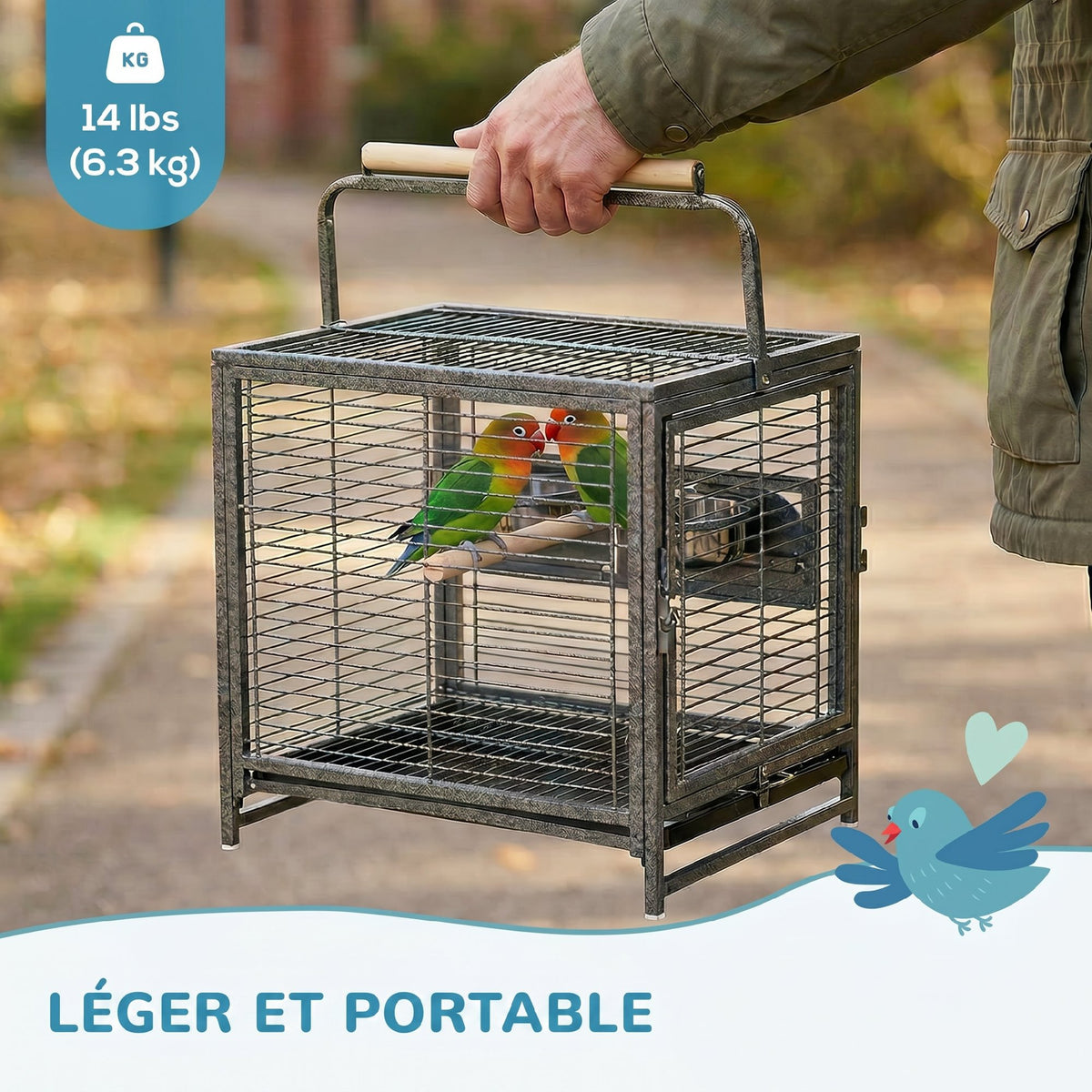 Cage de transport en acier pour perroquets, cage à oiseaux avec 2 bols en acier inoxydable, 2 perchoirs, plateau, noir-7