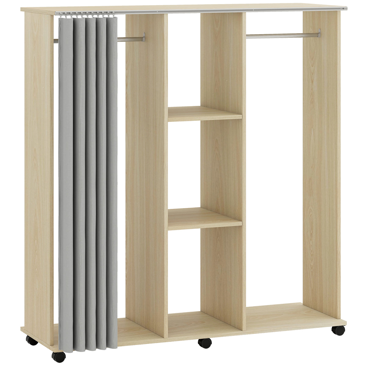 Armoire penderie Meuble de Rangement Mobile 6 roulettes 120L x 40l x 128H cm en bois naturel-0
