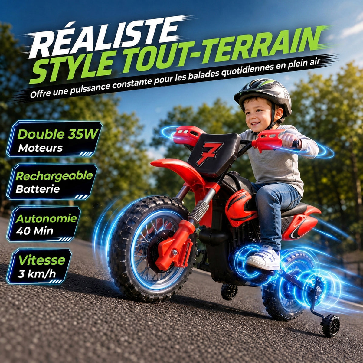 Moto Électrique Enfants 12 V, Vitesse Max 3 Km/h, Batterie au Lithium, Double Moteur, Suspension Arrière, Rouge-3