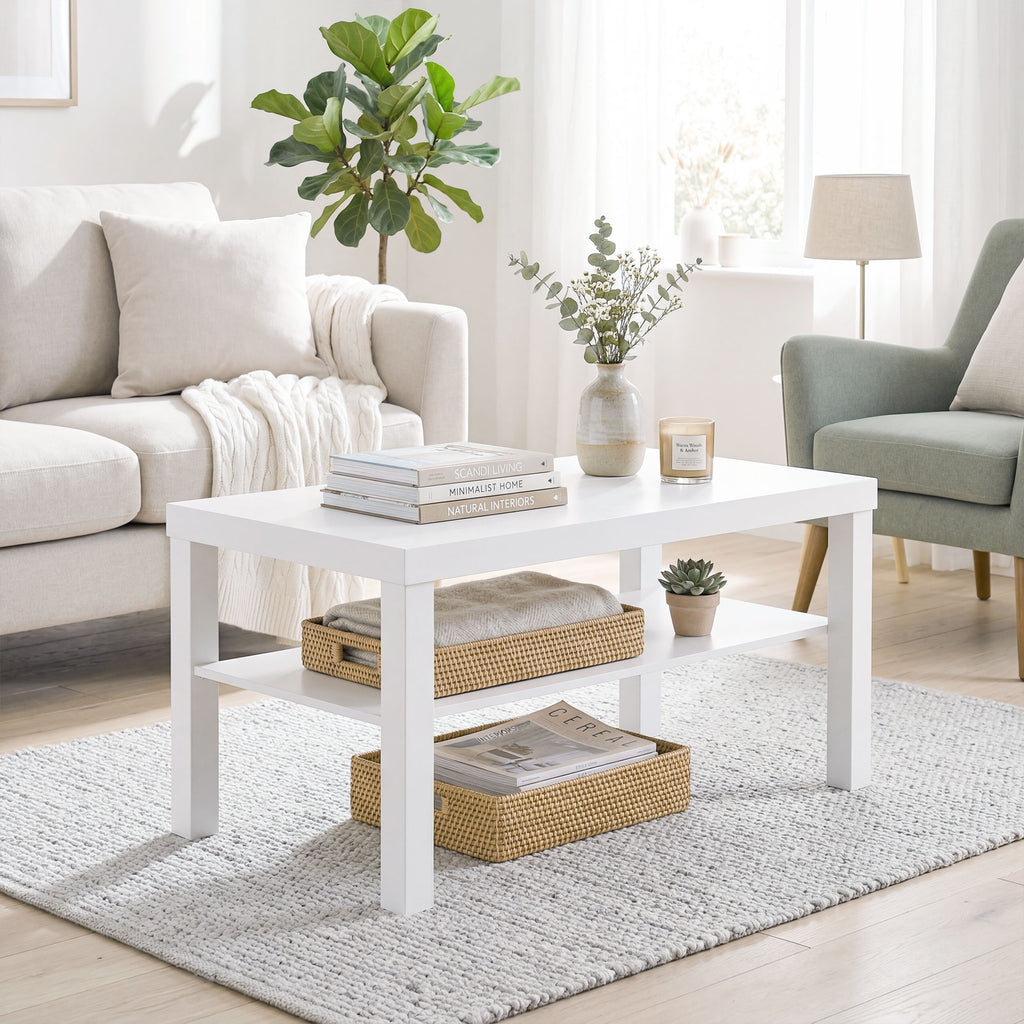 Table basse de salon, table d'appoint rectangulaire à 2 niveaux avec étagère de rangement, 90x45x44,5cm, blanc-1