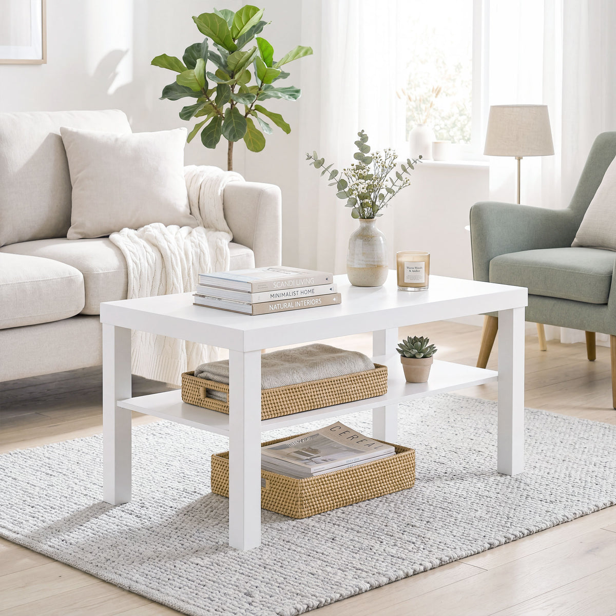 Table basse de salon, table d'appoint rectangulaire à 2 niveaux avec étagère de rangement, 90x45x44,5cm, blanc-1