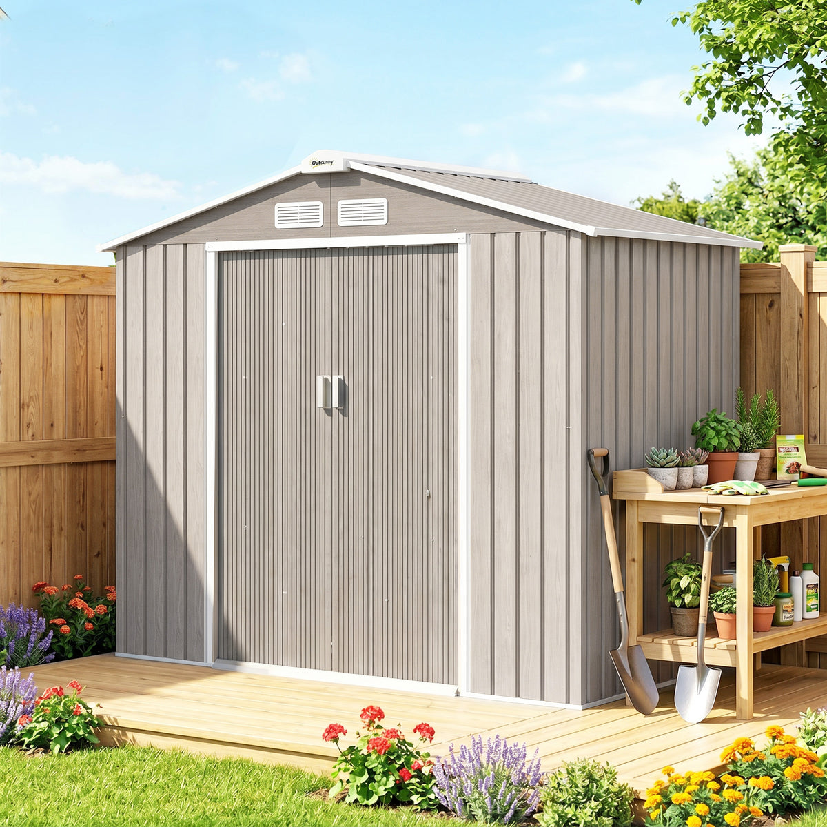 Abri de Jardin 2,42 m² - Remise pour Outils avec Fondation - cabanon Porte verrouillable - tôle d'acier marron clair-1