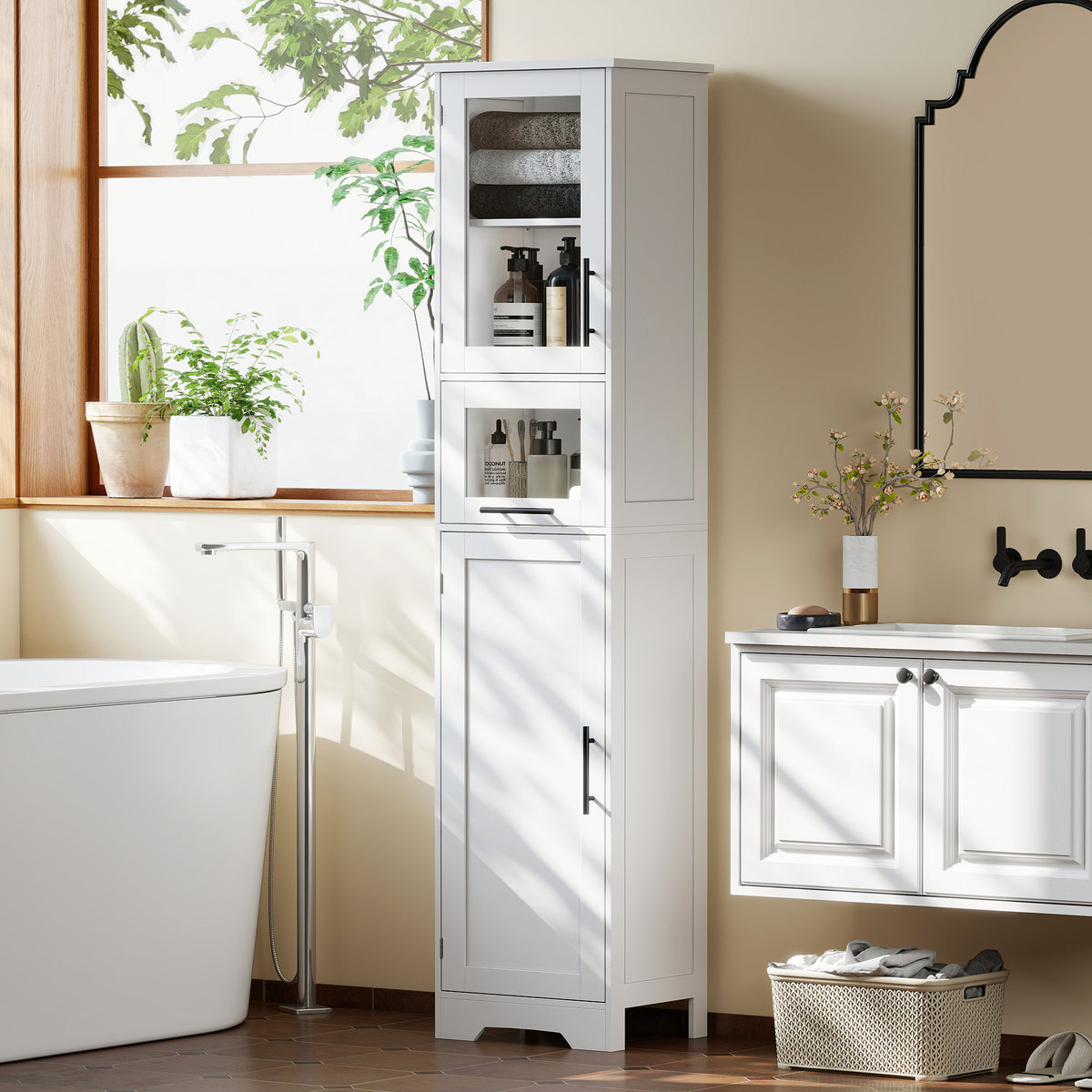 Meuble colonne salle de bain, meuble de rangement avec tiroir, 2 portes et étagère réglable, 40 x 31 x 170 cm, blanc-1