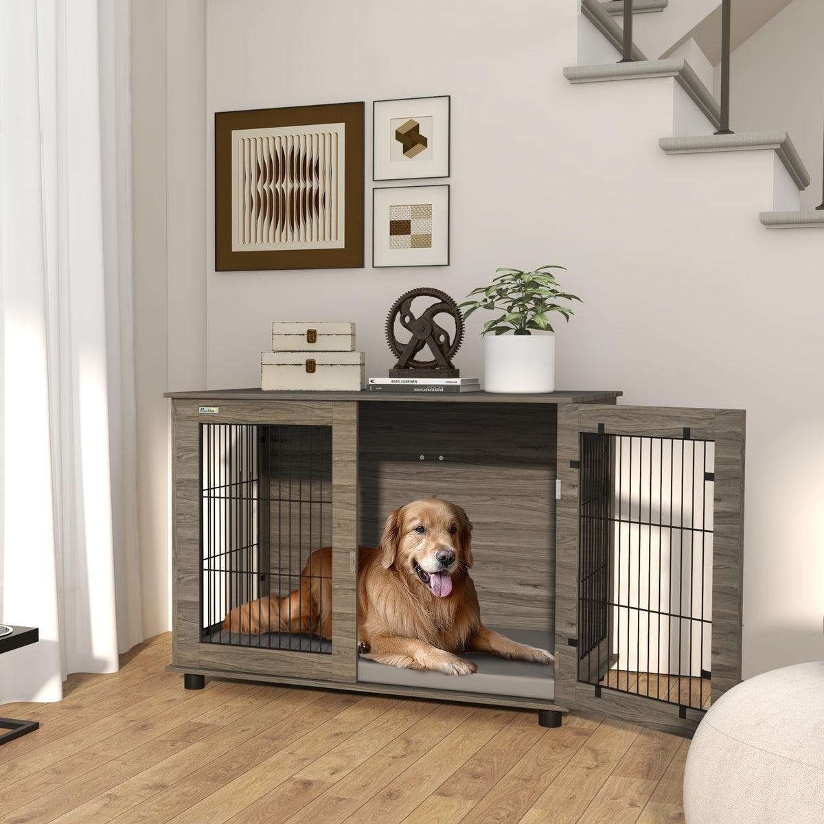Cage pour chien 2 en 1 table d'appoint avec coussin en peluche déhoussable porte verrouillable 100 x 60 x 73,5 cm gris-1