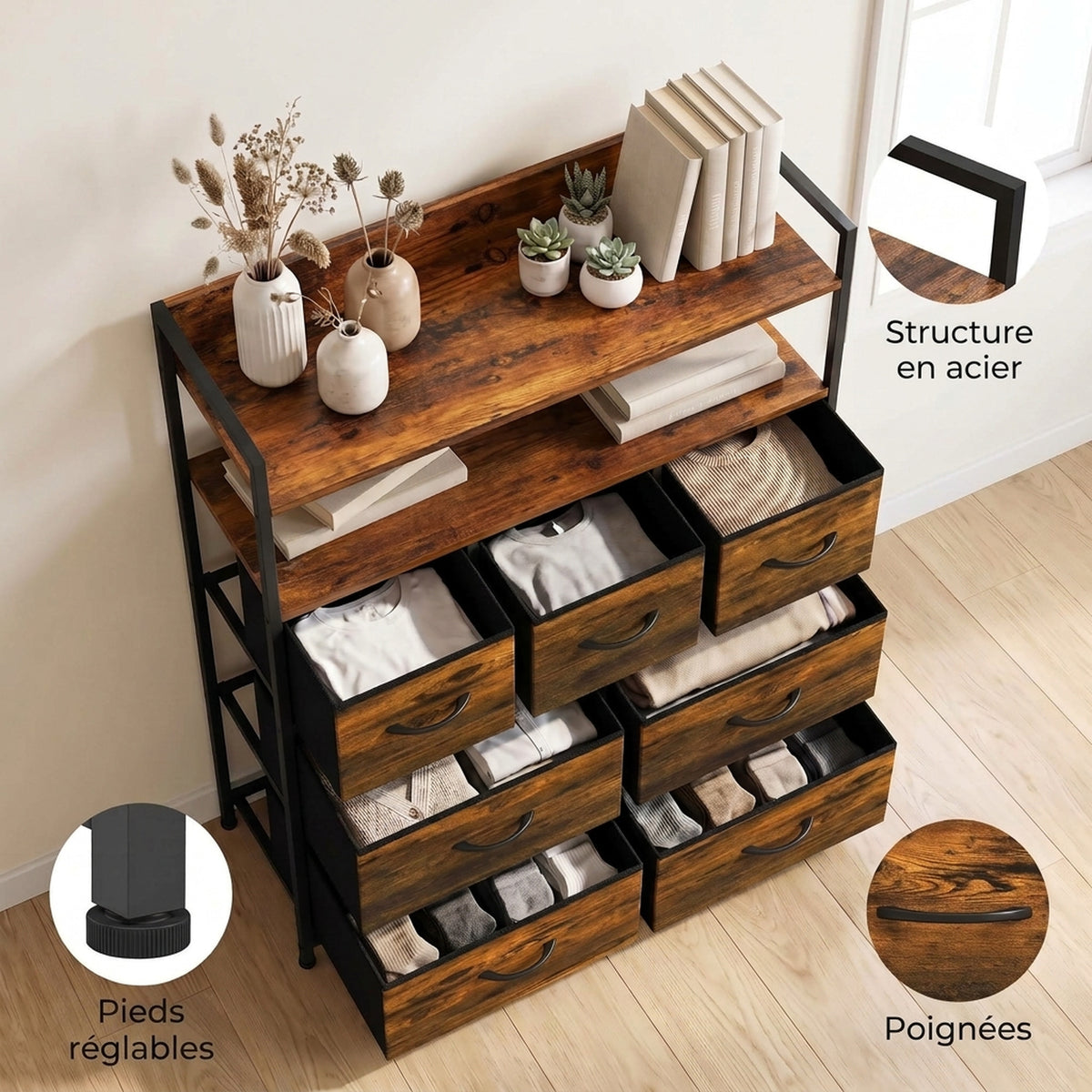 Meuble de rangement commode 7 tiroirs en tissu pliables et amovibles étagères ouvertes, brun rustique-6