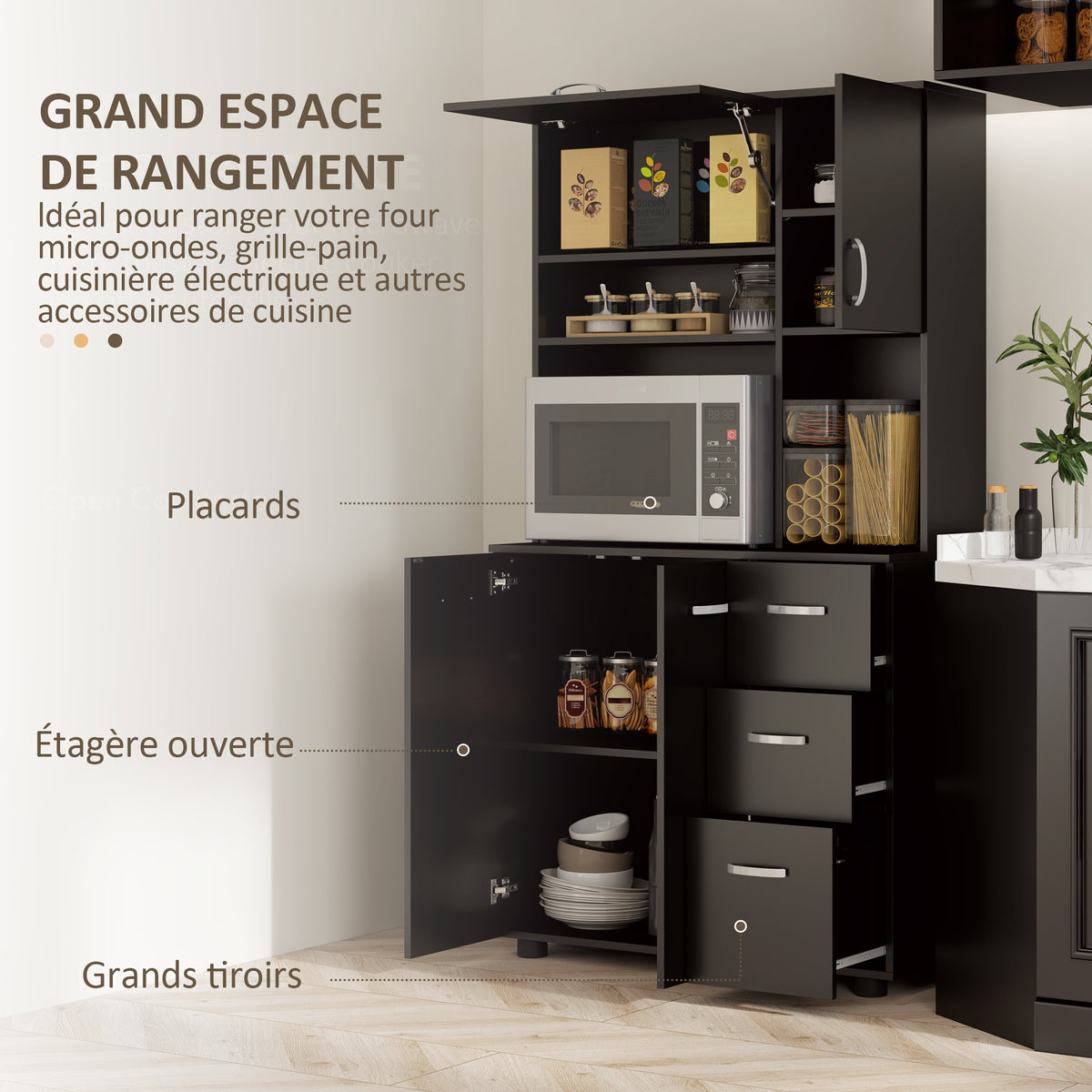 Armoire de cuisine multi-rangements 4 portes 3 tiroirs étagère + grand plateau 89L x 39,5l x 168H cm noir-3