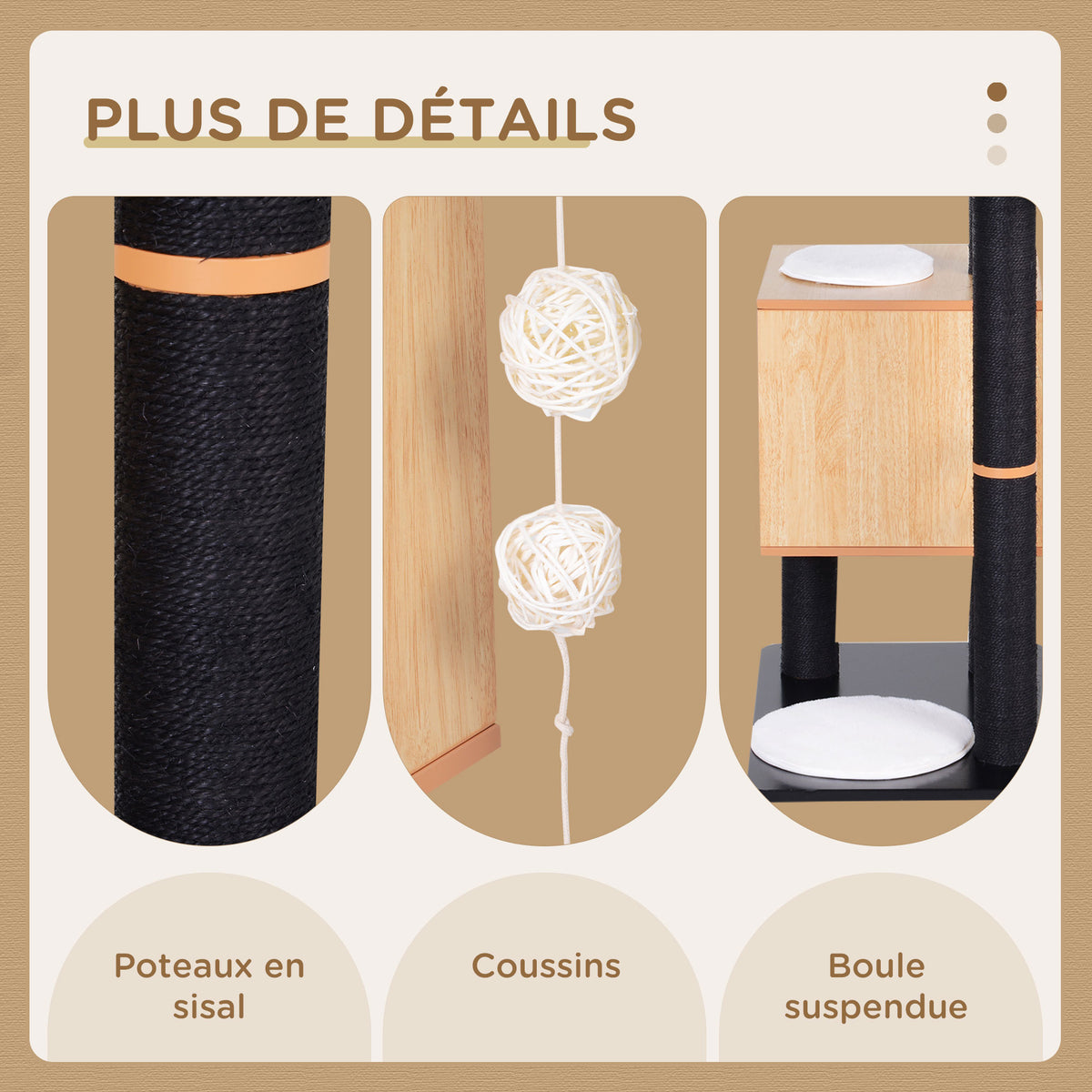 Arbre à chats design contemporain griffoirs grattoirs sisal naturel centre d'activités niche plate-formes jeu boules suspendues 71,5L x 49,5l x 120H cm MDF noir hêtre-4