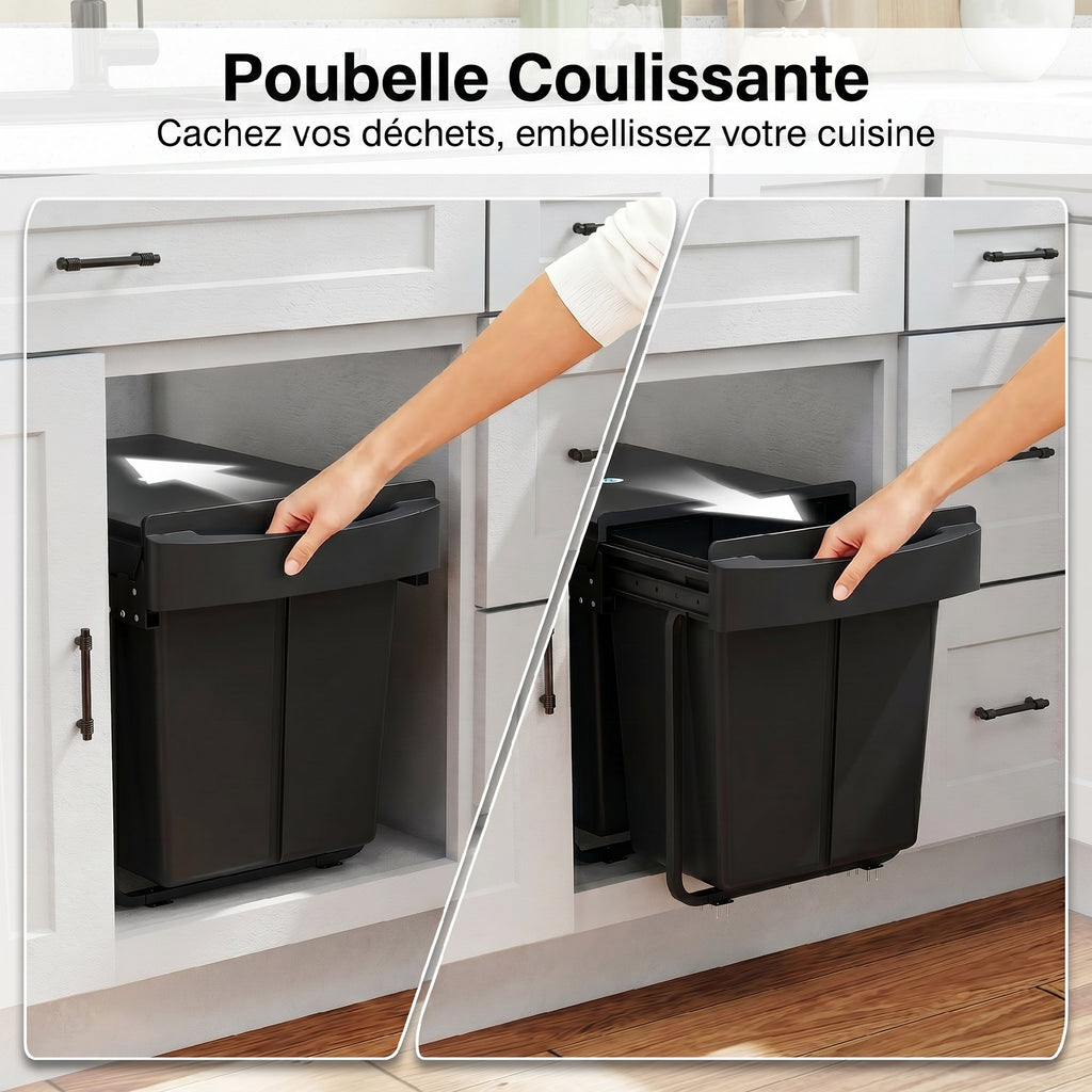Poubelle sous évier coulissante, poubelle de tri sélectif, 2 x 20L, seaux intérieurs amovibles, 52 x 33,5 x 41 cm, noir-3