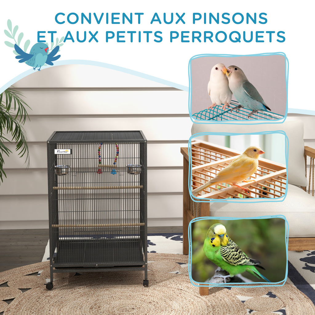 Cage oiseau sur pied cage sur roulettes avec balançoire, perchoirs et plateau coulissant 48 x 46 x 78 cm en acier noir-7