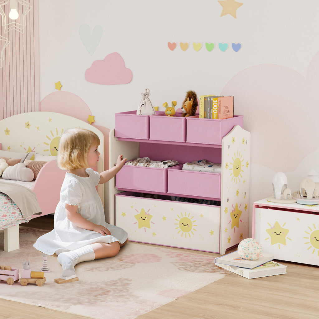 Meuble rangement enfant à 3 niveaux, étagère de rangement pour jouets enfants avec 6 boîtes en tissu amovibles, rose-1