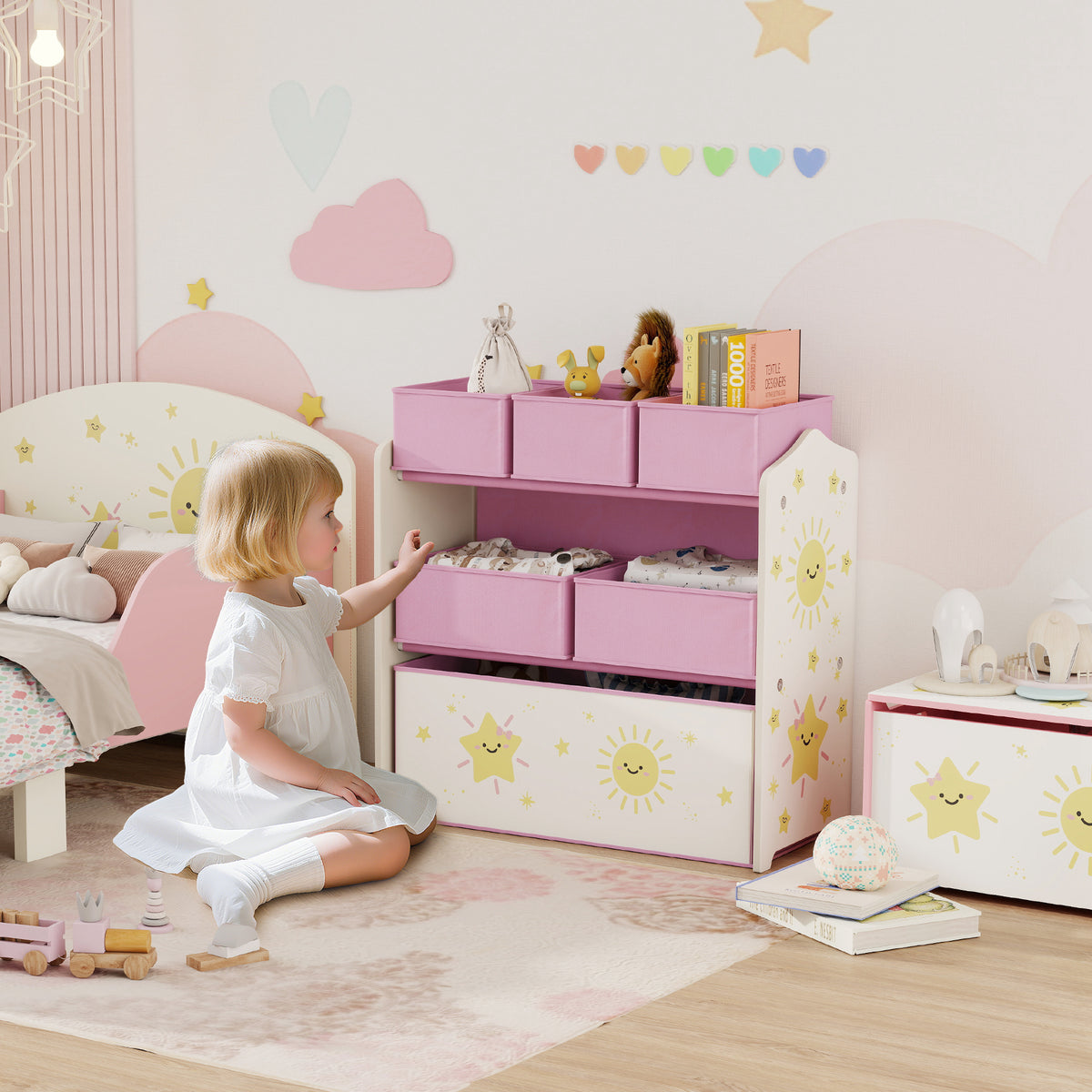 Meuble rangement enfant à 3 niveaux, étagère de rangement pour jouets enfants avec 6 boîtes en tissu amovibles, rose-1