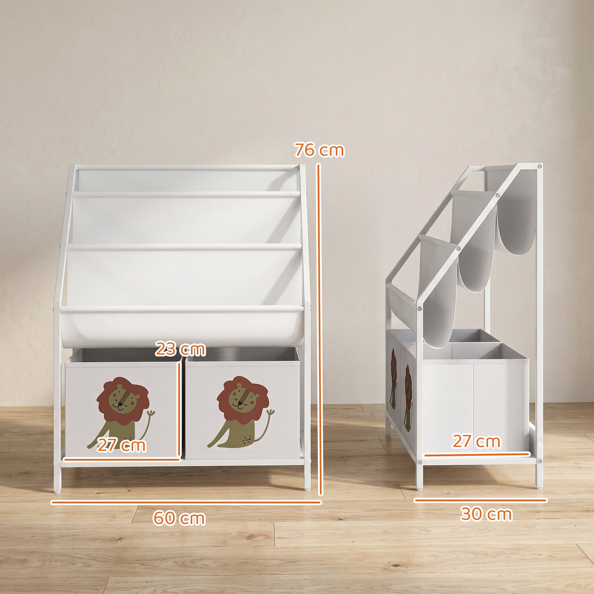 Bibliothèque pour Enfants à 4 Niveaux, Étagère à Livres pour Enfants avec Porte-Livres et Tiroir en Tissu, Blanc-2