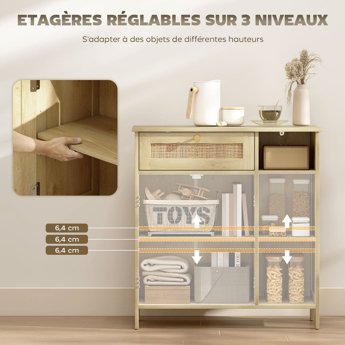 Buffet, meuble de rangement, 2 portes en rotin, tiroir, niches ouvertes, étagères réglables, 75x30x79,5cm, bois naturel-4