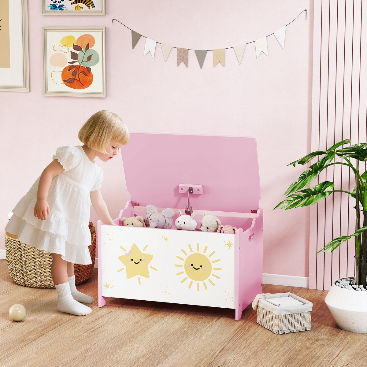 Coffre à jouets avec couvercle, coffre de rangement enfant avec charnières de sécurité, 60 x 37 x 39 cm, rose-1