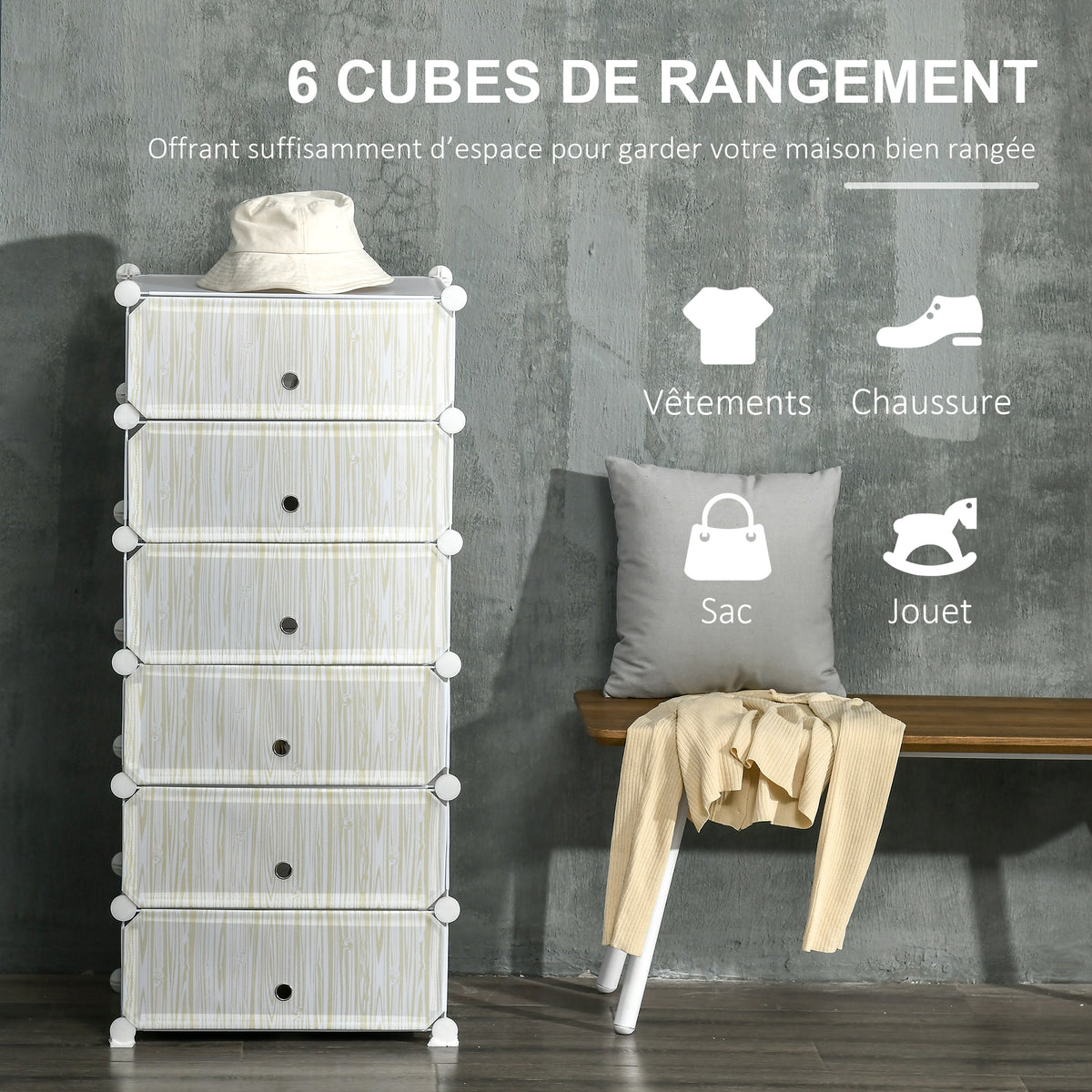 Armoire à chaussures modulable, meuble de rangement avec 6 cubes empilable en plastique, 49 x 36,5 x 108 cm blanc-3