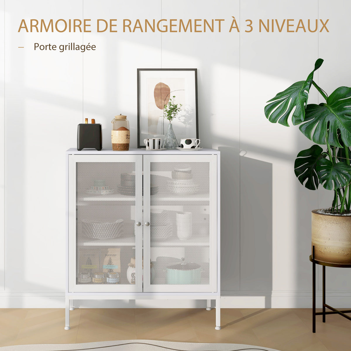 Buffet meuble de cuisine à 3 niveaux avec 2 portes grillagées avec étagère réglable 80 x 37 x 92 cm blanc-3