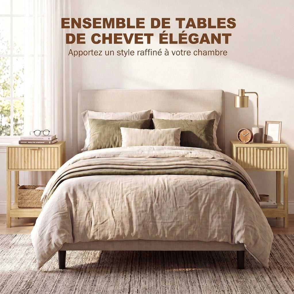 Lot de 2 Tables de Chevet, Tables d'Appoint avec Tiroir, Façade Rainurée et Étagère Ouverte, 40 x 30 x 60 cm, Chêne-3