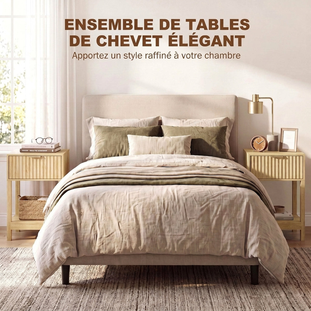 Lot de 2 Tables de Chevet, Tables d'Appoint avec Tiroir, Façade Rainurée et Étagère Ouverte, 40 x 30 x 60 cm, Chêne-3