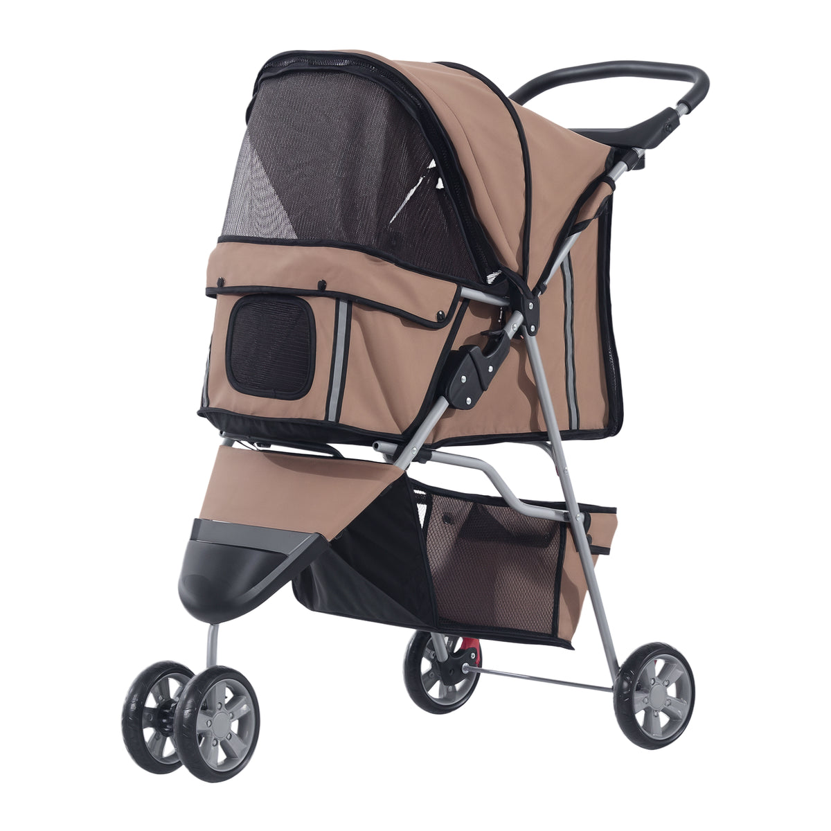 Poussette Buggy Pliable Animaux, Chariot Pliant Chien Chat, Porte-Gobelet Panier de Rangement Inclus, Roues avec Frein, Tissu 600D Oxford Acier, 75 x 45 x 97 cm Marron-0