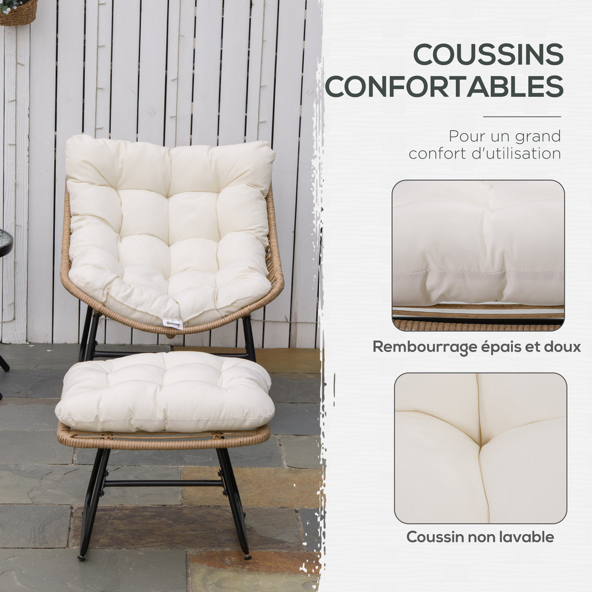 Fauteuil chaise de jardin avec repose-pieds en métal époxy et résine tressée aspect rotin avec coussins-4