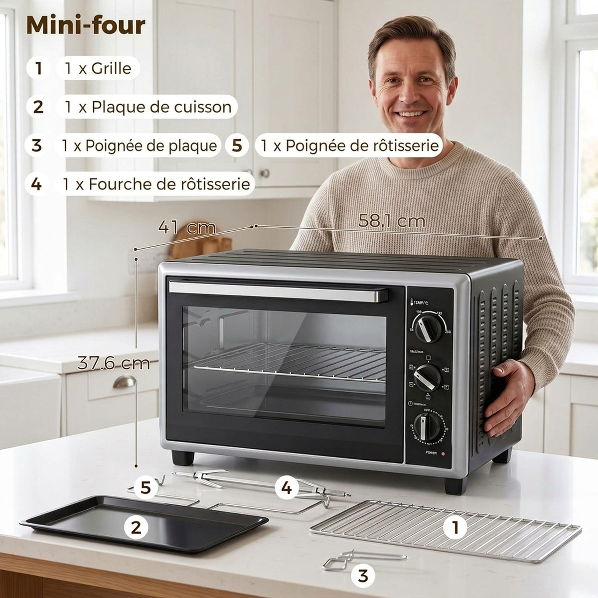 Mini-Four Électrique avec Broche Rotative 46L 1800W, Four à Convection Multifonction, Chaleur Tournante, Minuterie, Noir-2