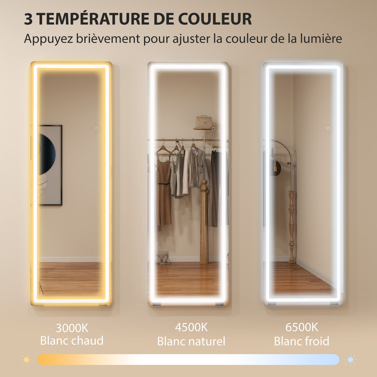 Miroir sur Pied avec LED 150 x 50 cm, 3 Couleurs, Dimmable, Fonction de Mémoire, Verre Trempé 4 mm, Transparent-3
