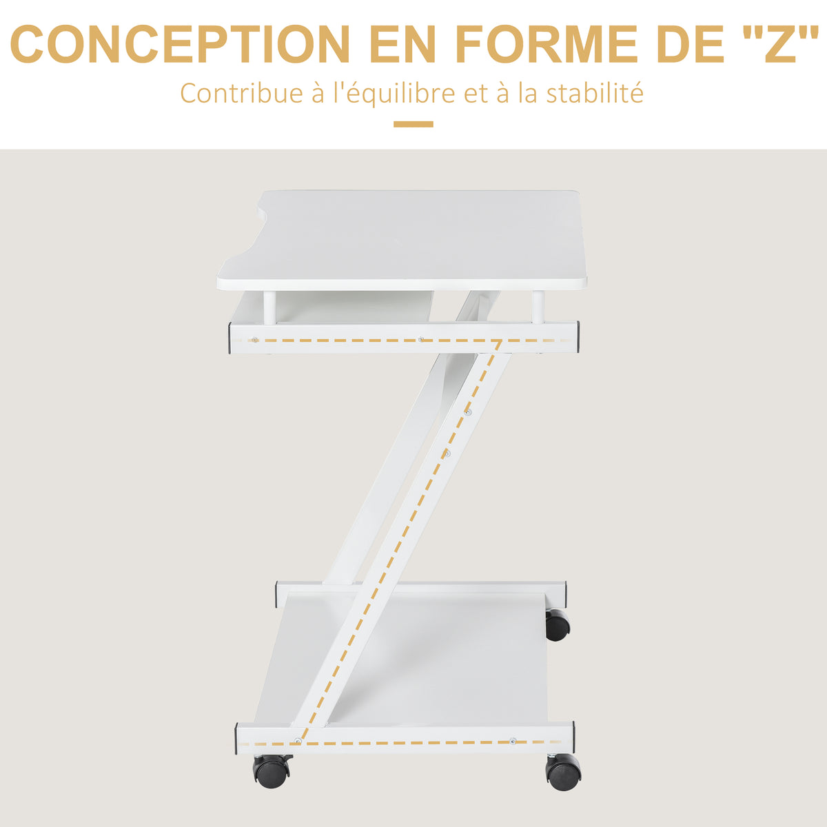 Bureau Informatique Roulant - Bureau Mobile - Table d'ordinateur - Tablette coulissante Clavier + étagère - Blanc-3