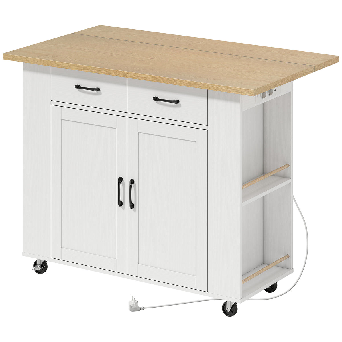 Îlot de Cuisine avec Station de Charge, Chariot de Cuisine à Roulettes avec Plan de Travail Rabattable, 2 Tiroirs, Blanc-0