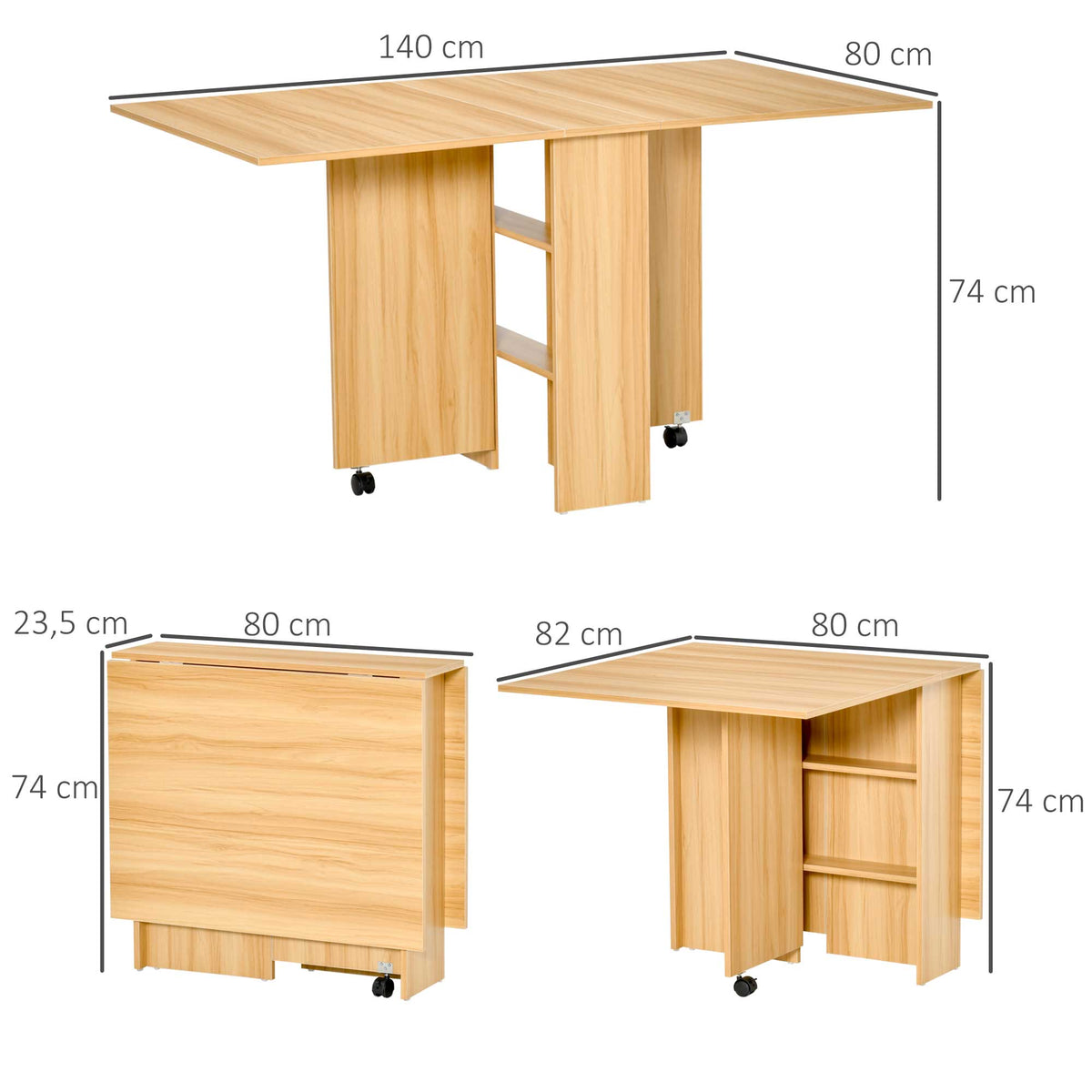 Table pliante de cuisine salle à manger amovible sur roulettes 80L x 140l x 74H cm 2 étagères intégrées en bois coloris bois naturel-2