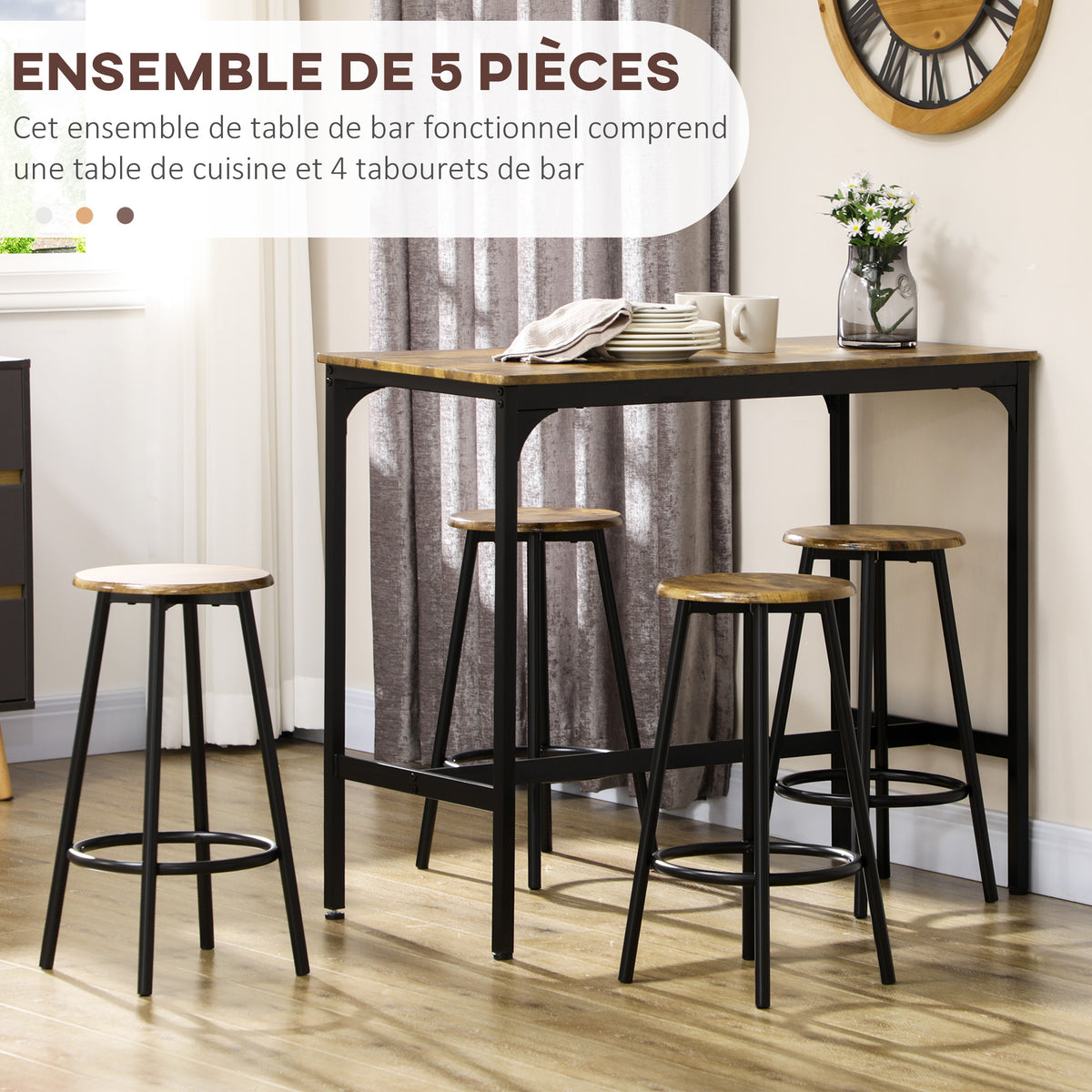 Ensemble table haute et 4 tabourets avec Repose-Pieds, métal noir et aspect bois pour cuisine salle à manger-3