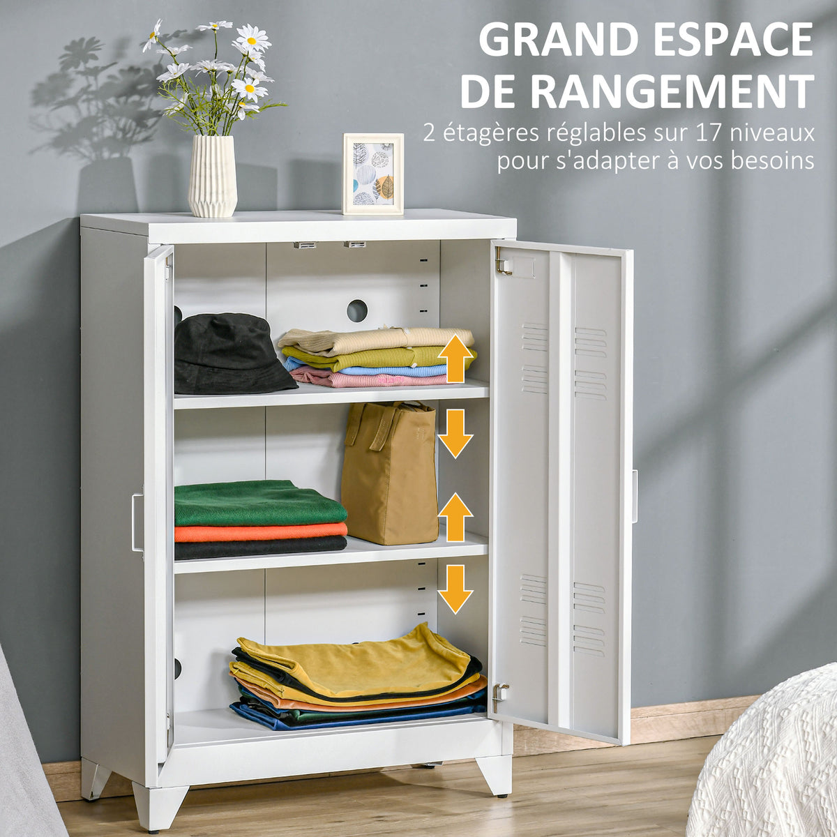 Armoire de bureau à 3 niveaux meuble de rangement bureau métallique 2 portes étagères réglables 75 x 33 x 110 cm blanc-3