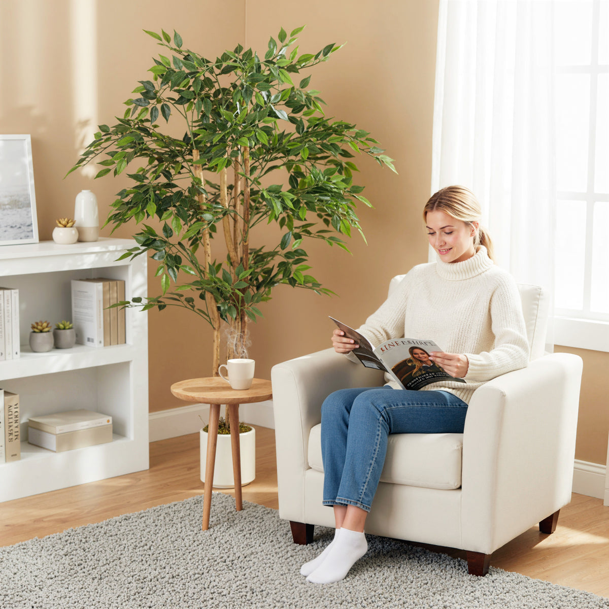 Plante artificielle intérieure 150 cm banian arbre artificiel, pot en plastique et tronc en bois massif, vert-9