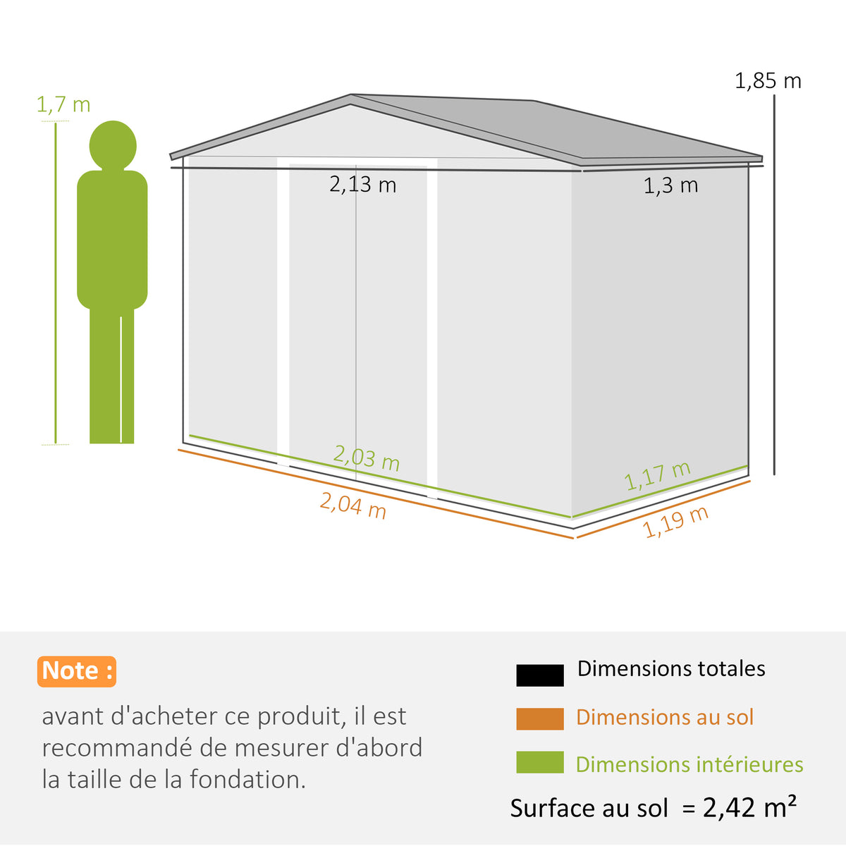 Abri de Jardin 2,42 m² - Remise pour Outils avec Kit de Fondation - Cabanon Porte Verrouillable - Tôle d'Acier Gris-2