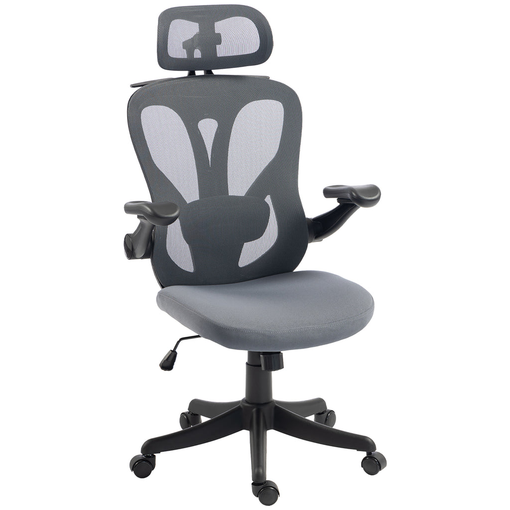 Chaise Bureau Ergonomique avec Accoudoirs 3D et Appui-Tête 2D, Fauteuil de Bureau en Maille, Support Dorsal, Gris-0