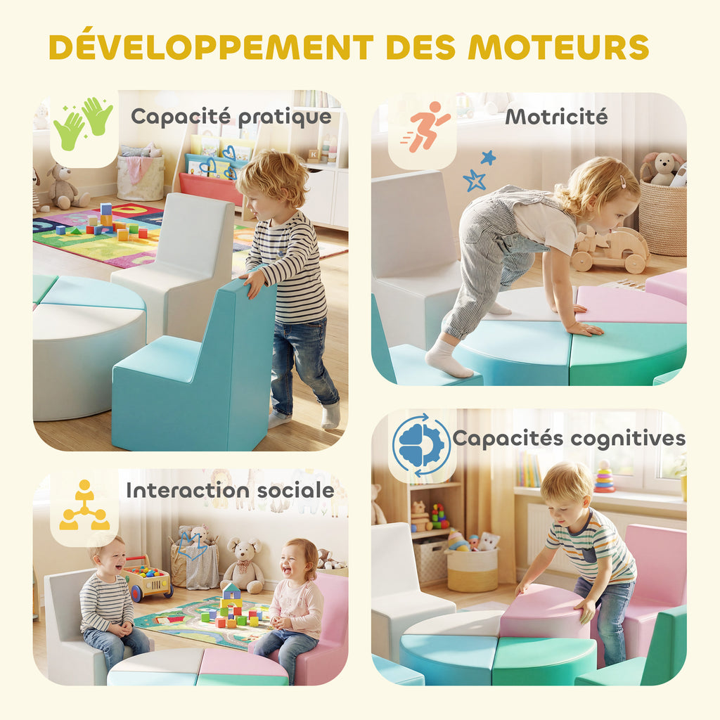 Parcours motricité bébé 8PCS, module motricité bébé mousse EPE et housse en PU, design table et chaises, multicolore-8